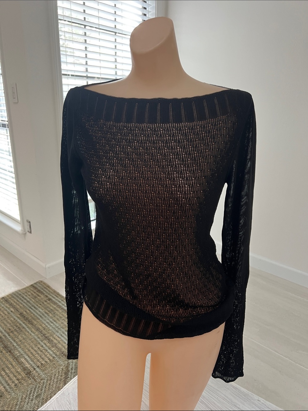 Adrienne Vittadini Black Off-the-Shoulder Sheer Knit Sweater